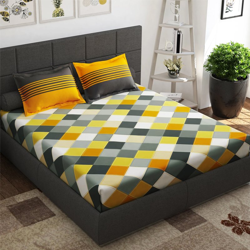 Grey & Yellow Cotton Bedsheet