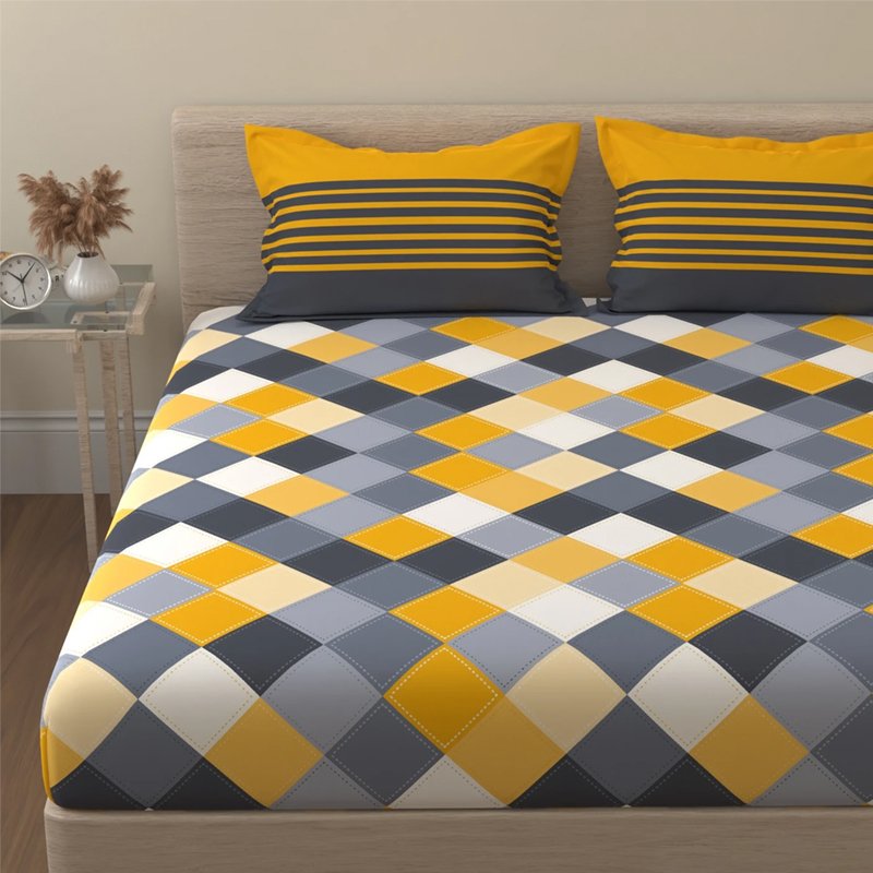 Grey & Yellow Cotton Bedsheet - Image 2