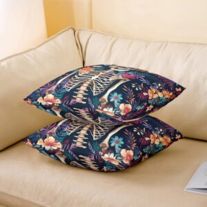 Tropical Floral Skeleton Print Decorative Pillow Cover